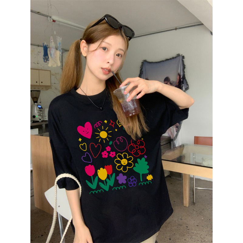 EUNII T-shirt Lengan Pendek Cartoon Color Painting Printing Korean Style/Kaos Atasan Wanita/Baju Wanita/Kaos Wanita