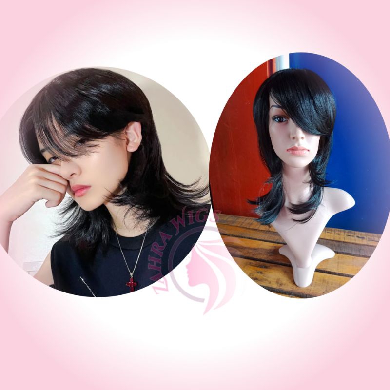 Wig Pria Mullet Ekor Srigala Wig Pria Rambut Palsu Mullet Panjang Kuncir
