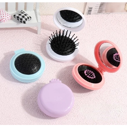 Sisir Rambut + Cermin Bulat Lipat 2in1/ Sisir Pijat Kepala Anti Kusut Rontok Dengan Kaca Mini / Hair Comb And Massage Scalp With Glass / Alat Make Over Penata Rambut Lembut Travelling Ala Korea Travel Size