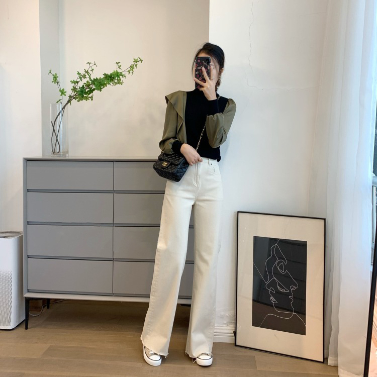 Krem Korean Highwaist Loose Celana Jeans Wanita Rawis