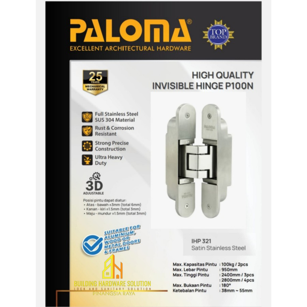 Invisible Hinge Concealed Engsel Tanam Pintu SUS304 PALOMA IHP321