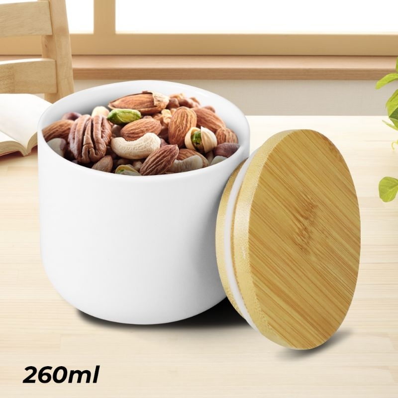 Toples Keramik/Toples Makanan Tutup Bambu/Penyimpanan Makanan 260ml