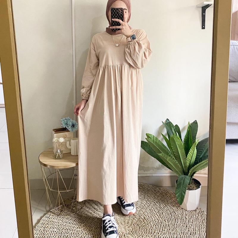 Belina Midi Dress Kekinian Crinkle Airflow Premium Daily Dress Korean Style Rempel Lengan Panjang Terbaru Gamis Lengan Karet