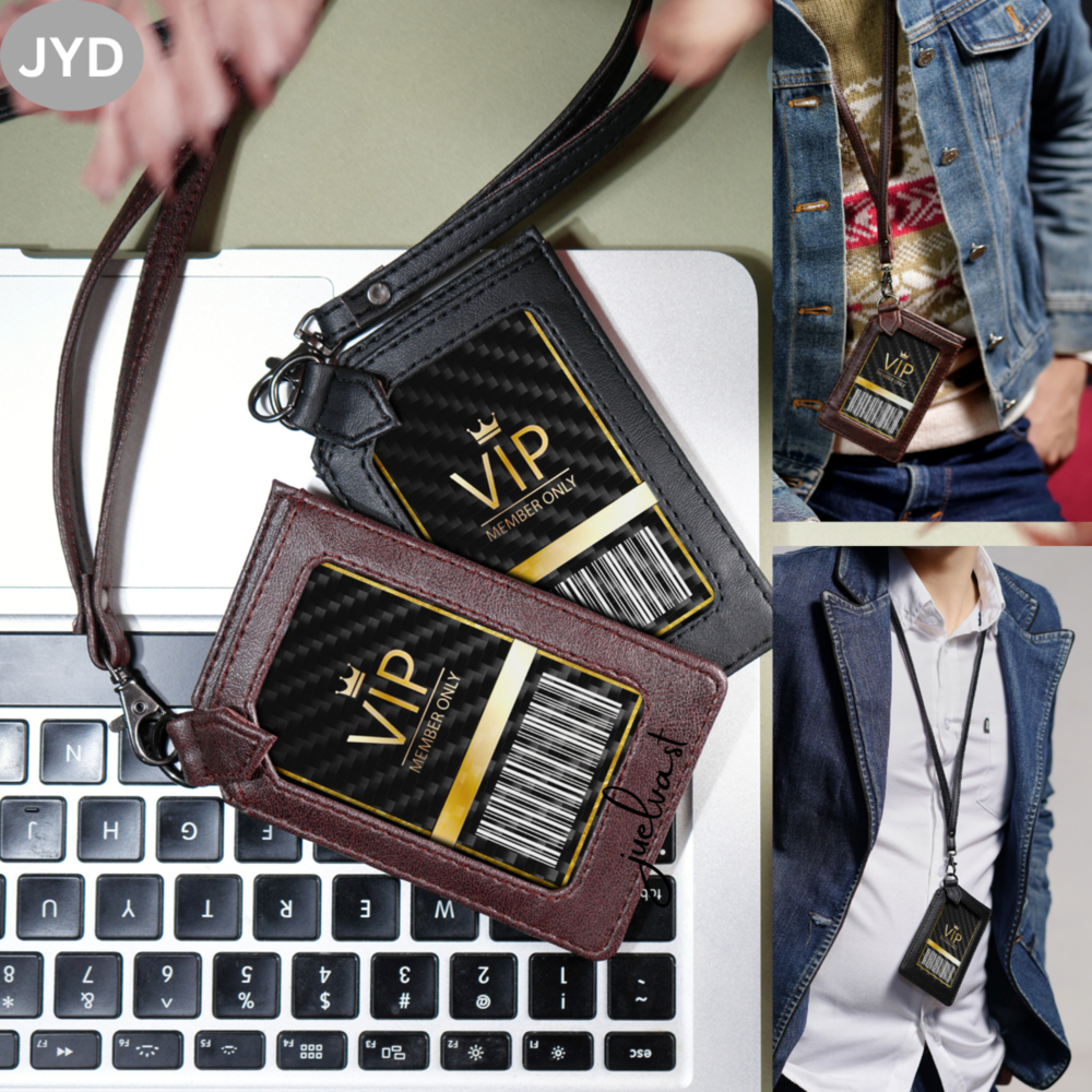 JYD - Name Tag Holder Kulit PU Leather 3 Slot Kartu  - Id Card Holder Kulit PU Leather - Lanyard Kulit PU Leather