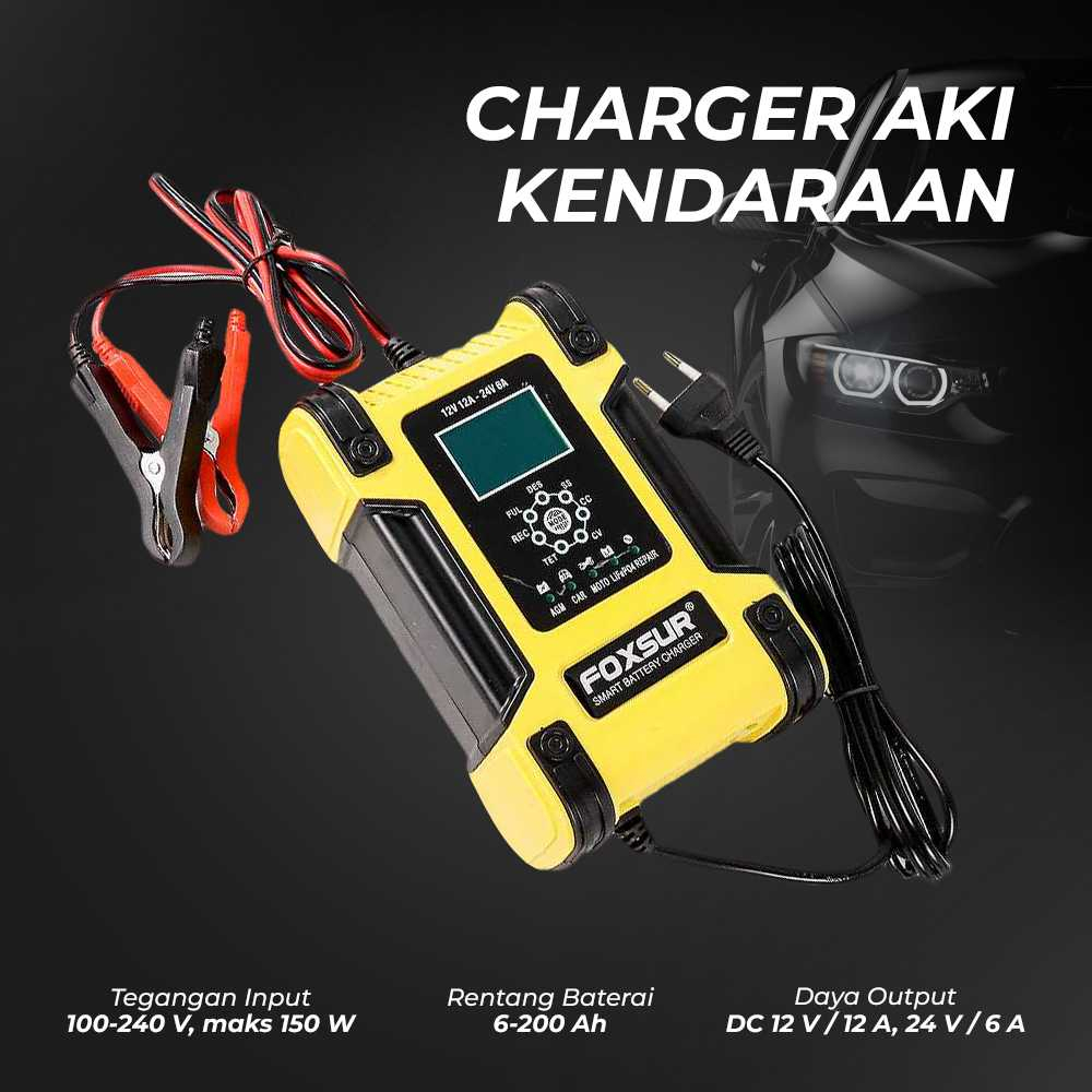 FOXSUR Charger Aki Mobil Lead Acid Smart Charger 12V/24V 6-200AH - FBC122412D CASAN AKI MOTOR MOBIL LAYAR LED Sudah dibekali dengan fitur automatic repair Saat baterai aki sudah penuh, maka secara otomatis output power diturunkan sehingga baterai aki AMAN
