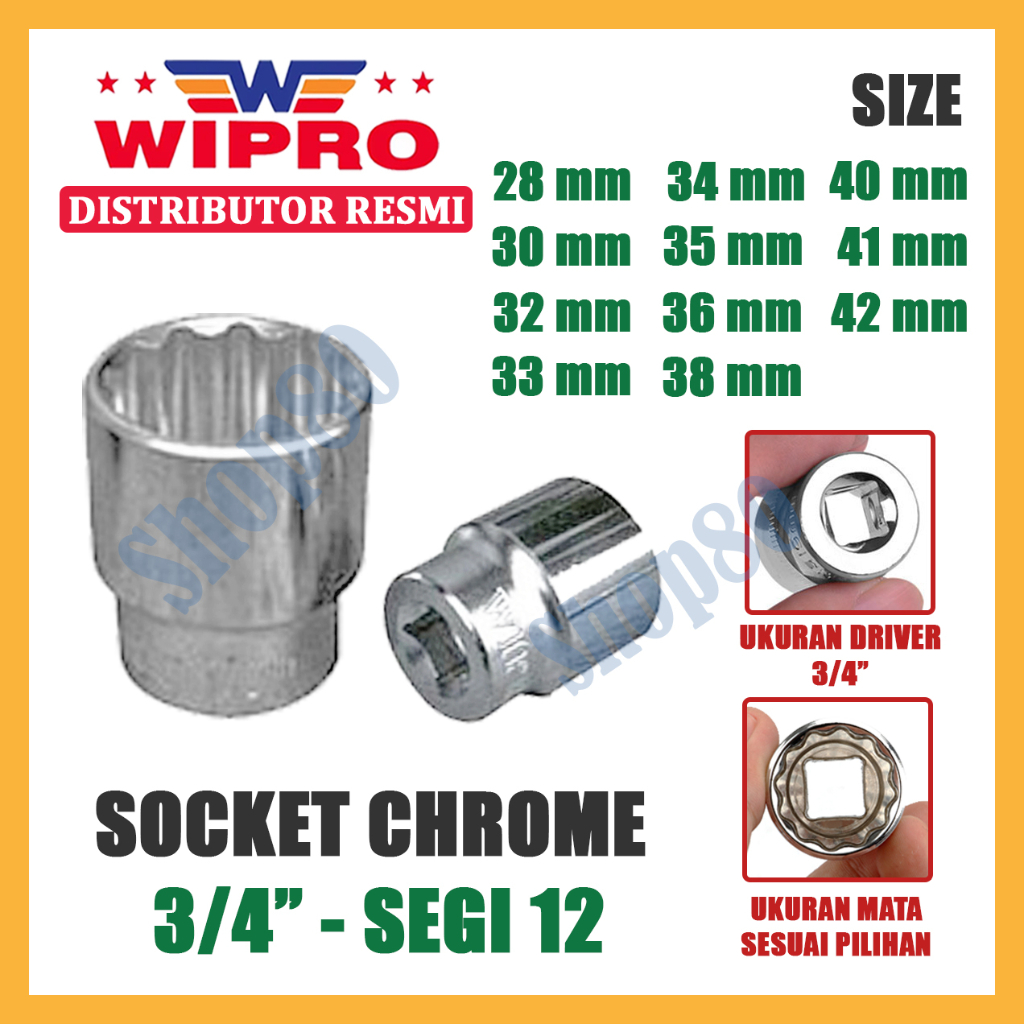 Wipro Mata Kunci Shock Chrome Sok Sock Socket Bintang 3/4 inci 12 PT Segi 12 28 30 32 33 34 35 36 38