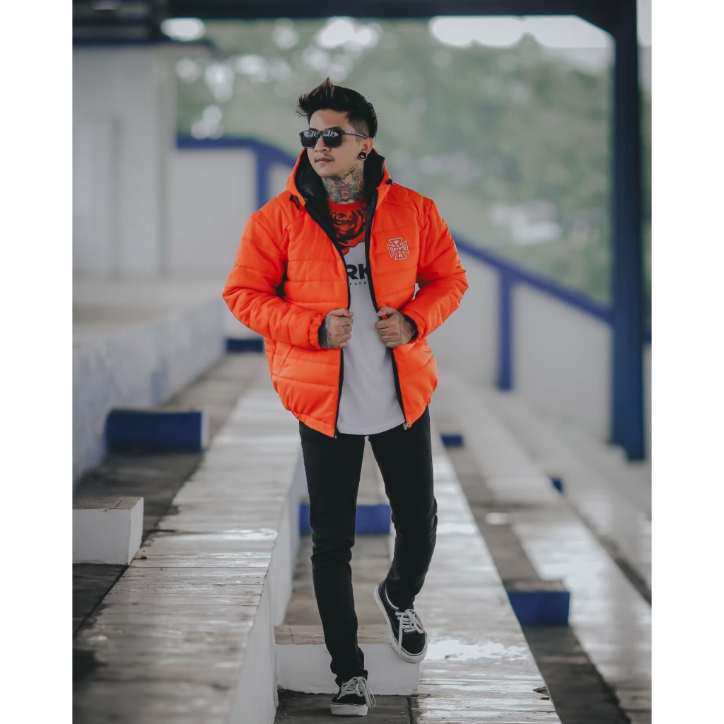 JAKET PUFFER MOTOR CHOOPERS PRIA X BGSR ORANGE SIZE L XL XXL  - JAKET WINTER - JAKET HIKING - JAKET GUNUNG - JAKET WINDPROOF TEBAL PRIA - BORN TO RIDE - JAKET HOODIE TEBAL PRIA - JAKET MOTOR PRIA