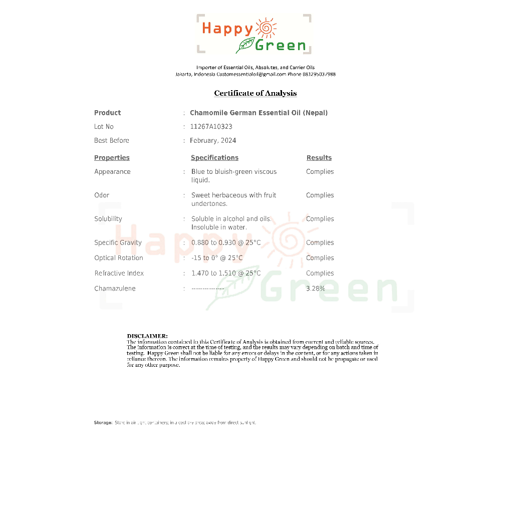 Happy Green 3% German Chamomile Essential Oil - Minyak bunga Kamomil Murni