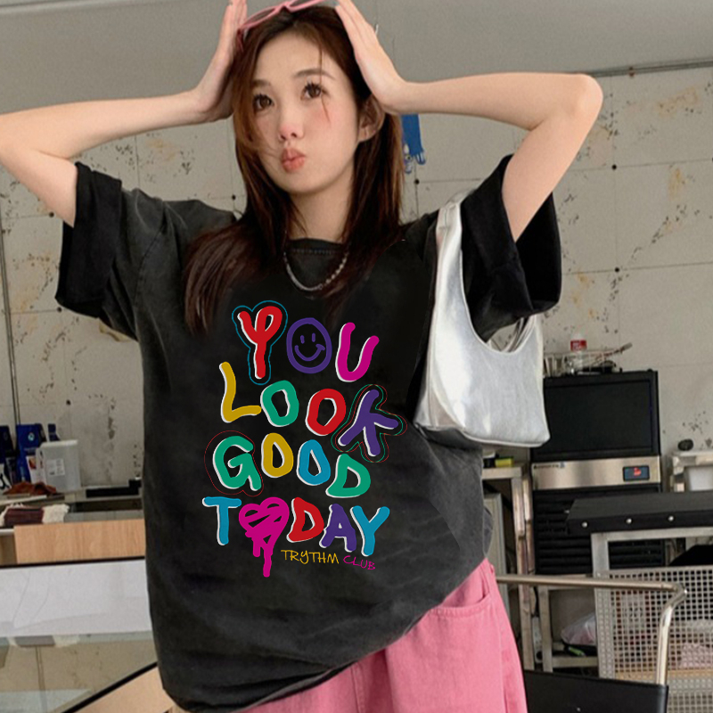 Print Washed T-shirt Kaos Lengan Pendek Oversize Color Graffiti English Korean Style Atasan Wanita