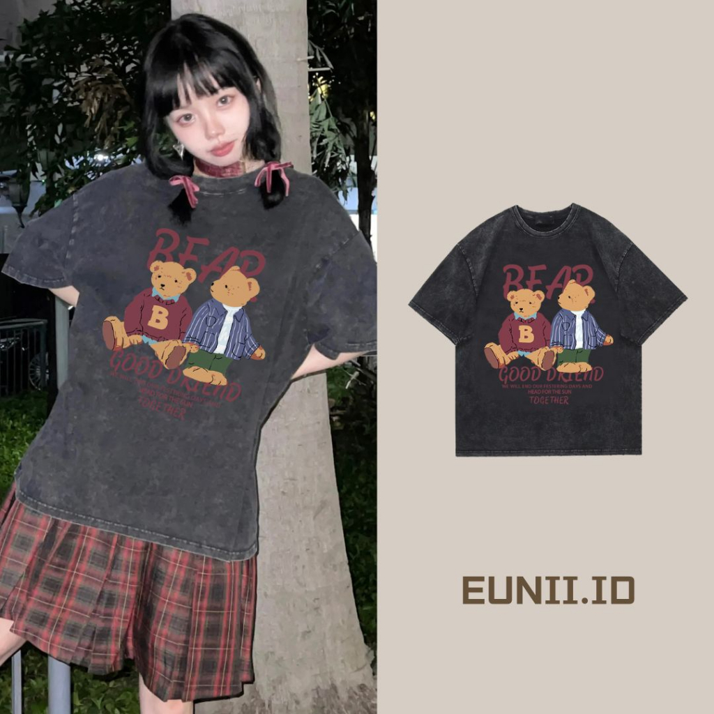 EUNII T-shirt Lengan Pendek Black Washed Cartoon Plush Bear Korean Style/Kaos Atasan Wanita/Baju Wanita/Kaos Wanita