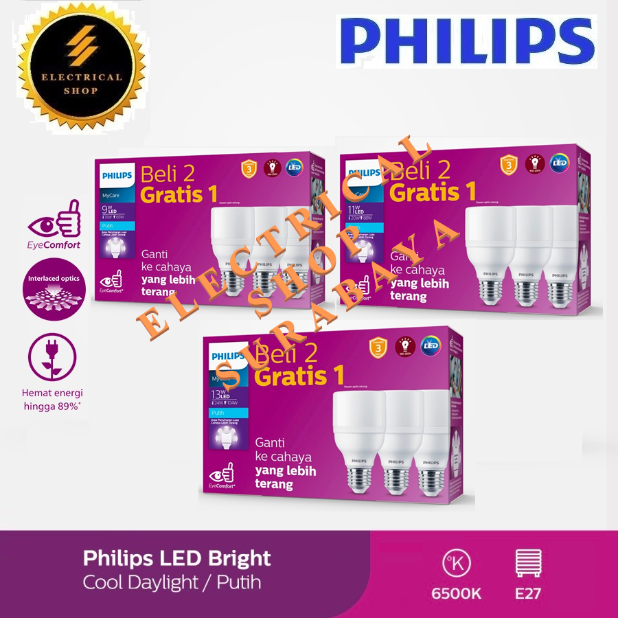 PAKET ISI 3 LAMPU PHILIPS LED BRIGHT 9W 11W 13W PUTIH BUNDLING MULTIPACK MYCARE EYECOMFORT 6500K BELI 2 GRATIS 1 GROSIR ORIGINAL GARANSI