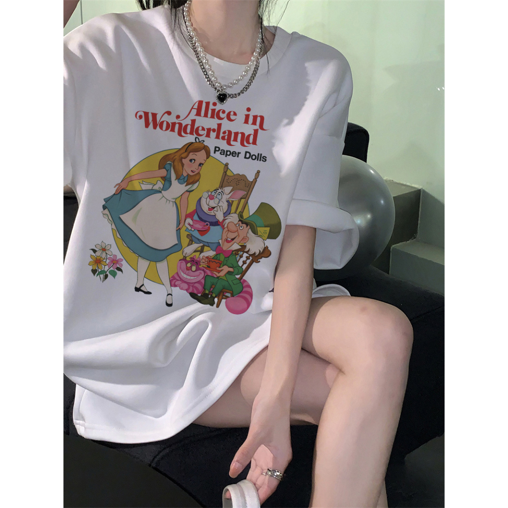 Kemeja oversize wanita lengan pendek heart graffiti print Alice In Wonderland T-shirt import kaos wanita korean style premium kaos hitam ootd