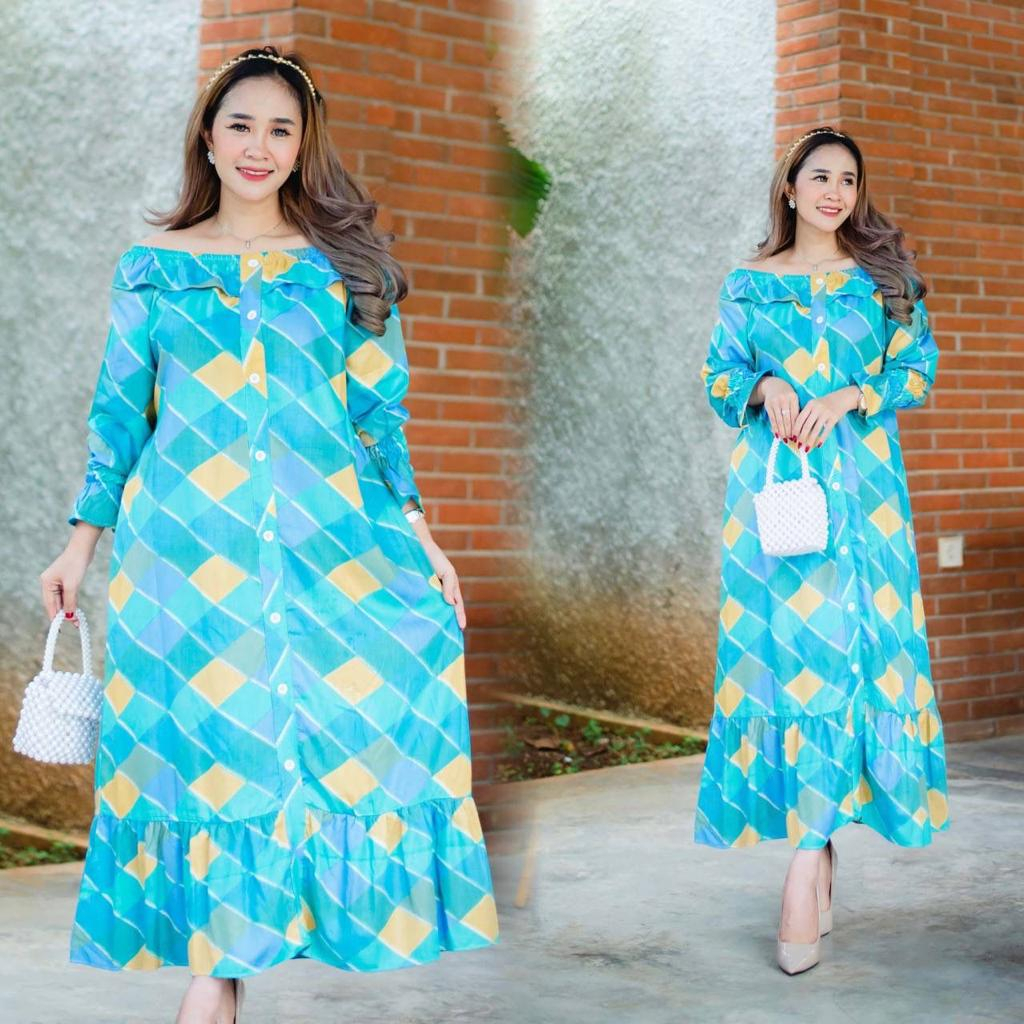 BAJU WANITA TERBARU DRESS MIDI FULL KANCING LENGAN PANJANG GAUN A-LINE LD120 PB130