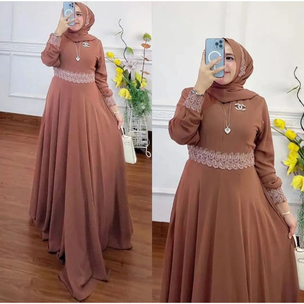 Nayla set pashmina Gamis mewah baju kondangan aplikasi renda gamis pesta ttrbaru kekinian bahan ceruty full furring