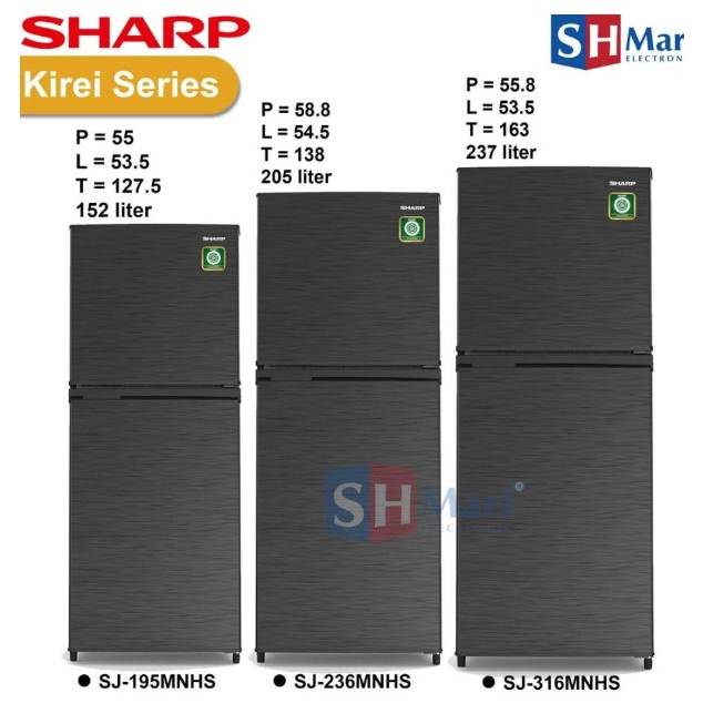 SHARP Kulkas 2 Pintu 172L Low Watt 48W SJ-195MN HS Kirei SJ195MN 195MN