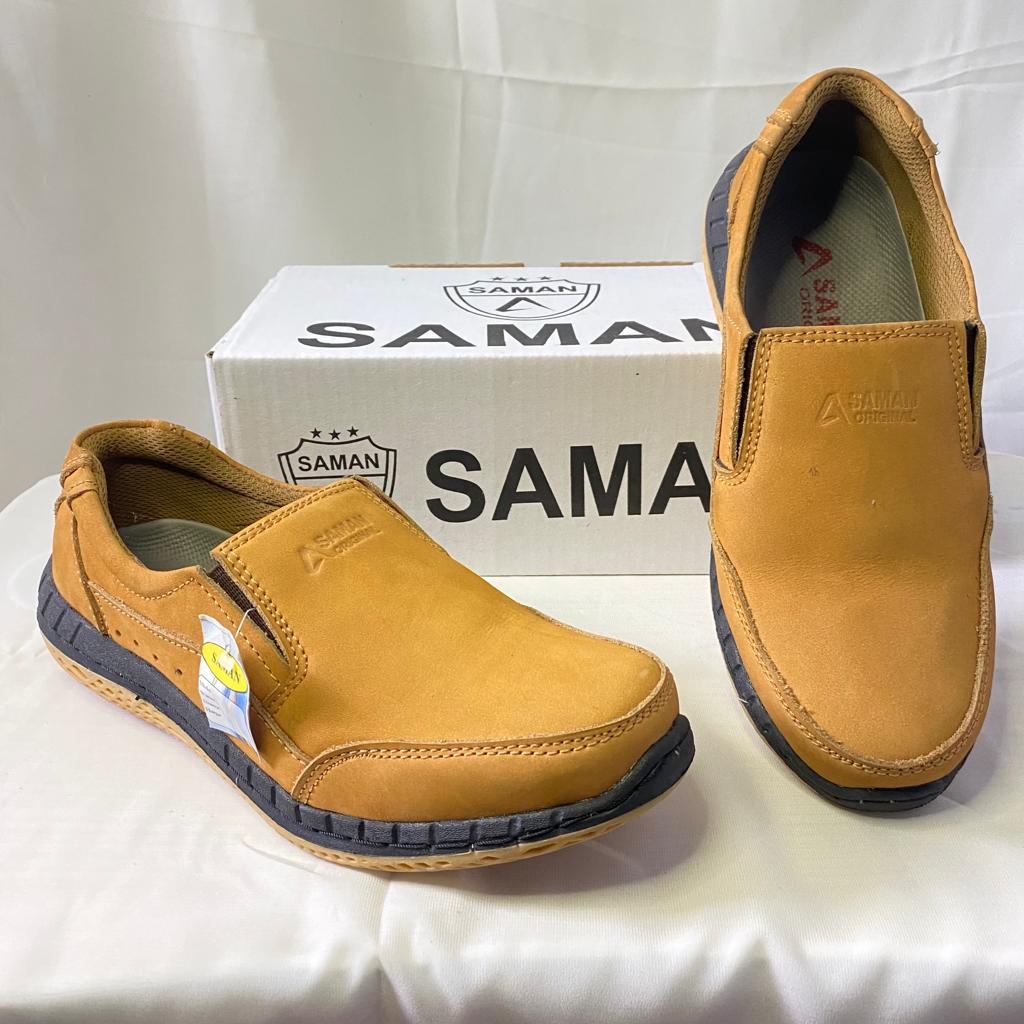 SAMAN Sepatu Pria Casual Bahan Kulit Asli Model Slip On Pria Ready 3 warna Hitam Coklat Tan 6 pilihan ukuran 39, 40, 41, 42, 43, 44