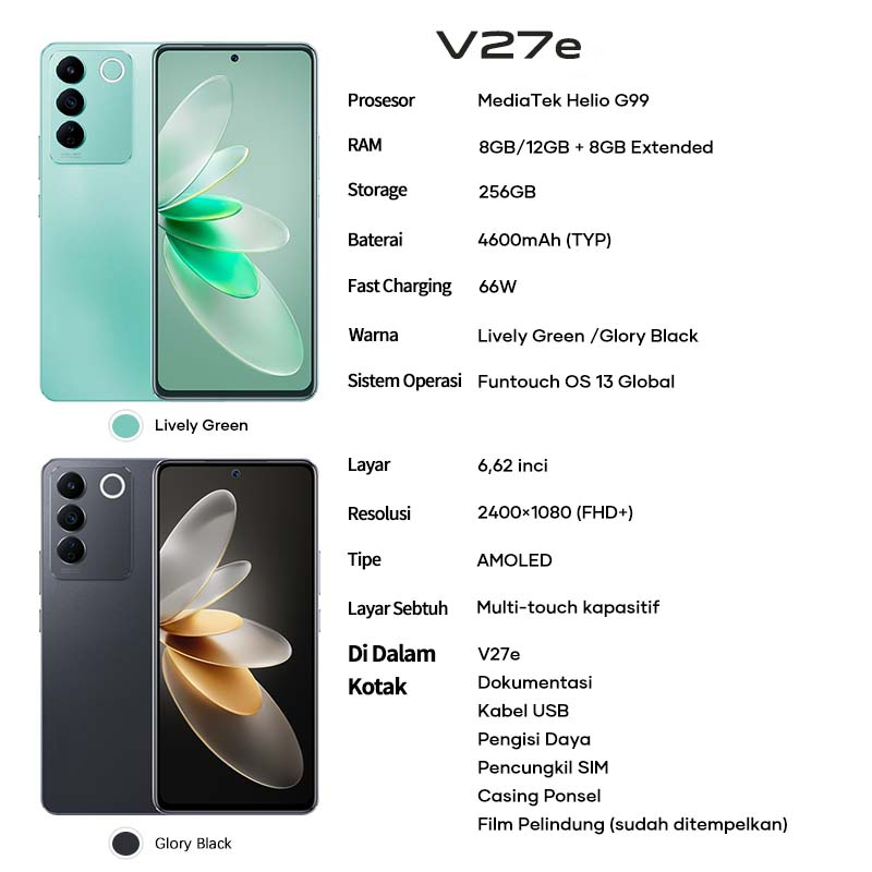 V27E 12/256 -V27E 8/256 | V27 E V 27E GARANSI RESMI V27 (8/256) - 50 MP HD AF Selfie, 3D Curved Screen with Slim Body V27e 8/256 - 64MP OIS Night Camera, 8GB Extended RAM, 256GB Memory Exp, 66W FlashCharge