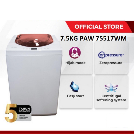 MESIN CUCI 1 TABUNG POLYTRON PAW 75517 TOP LOADING 7.5 KG ZEROMATIC