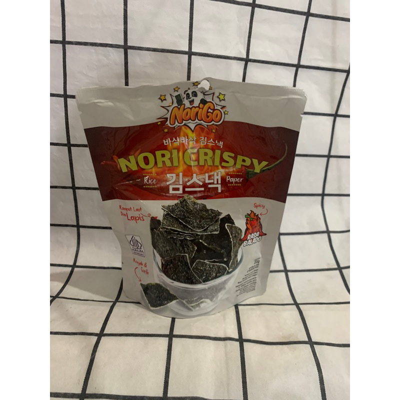 

Norigo Nori Crispy rasa Balado 20gr / Norigo / Nori / Crispy / rasa / Balado / 20g / rice / pepper / pedas / gurih / rumput laut / seaweed / bbq / wasabi / keju / original / cheese / barbeque / paper / dua / lapis / spicy