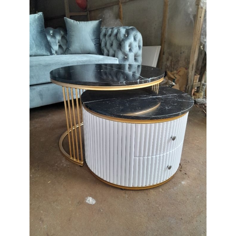 meja tamu bulat besi top marmer carara hitam.