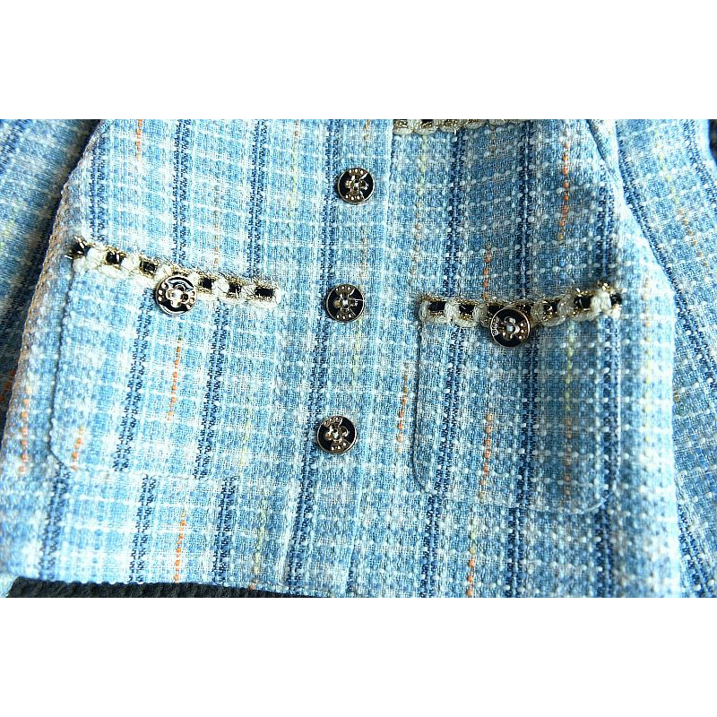 Setelan Anak Perempuan Rok Tweed Woll Motif  Kotak Biru Pocket Off Button