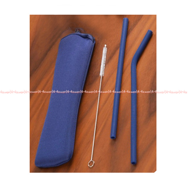 Ataru Reusable Silicone Straws Sedotan Silikon Biru Dengan Sikat Pembersih 3pcs Food Grade Sedotan Tekuk Lurus Blue Straw