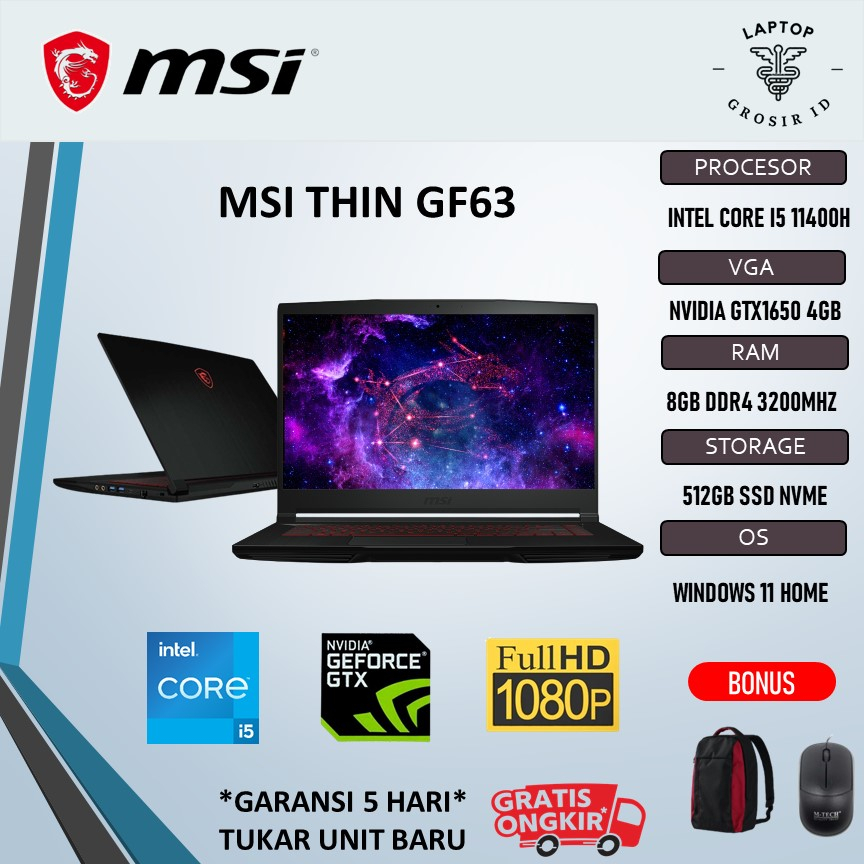 Laptop Msi Thin GF63 GTX1650 4GB i5 11400H 16GB 512SSD 15FHD 144HZ