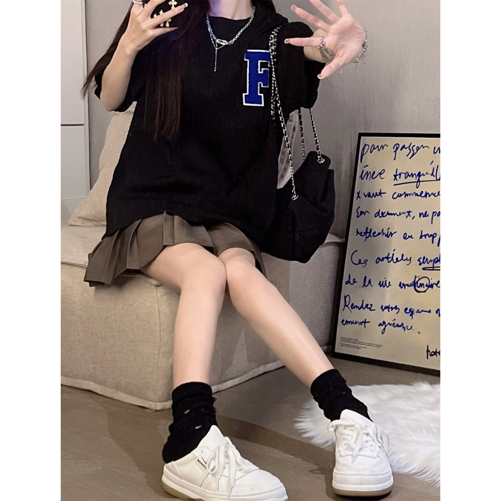 EUNII Korean Style T-shirt Wanita  Lengan Pendek Vintage Bordir Oversize Atasan Wanita