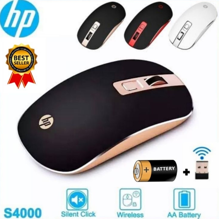 HP S4000 mouse wireless gaming silent click laptop pc macro original 2.4G 1600DPI dengan receiver-Usb /MOUSE HP WIRELESS free mousepad+baterai