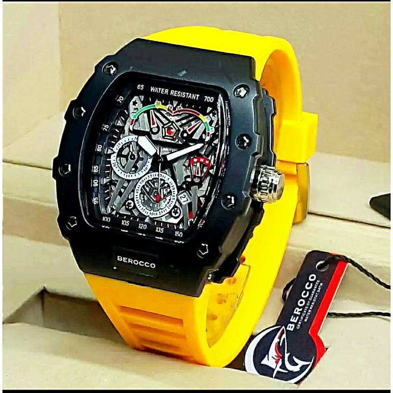 jam tangan pria BEROCCO Tali karet yellow Date aktif Original