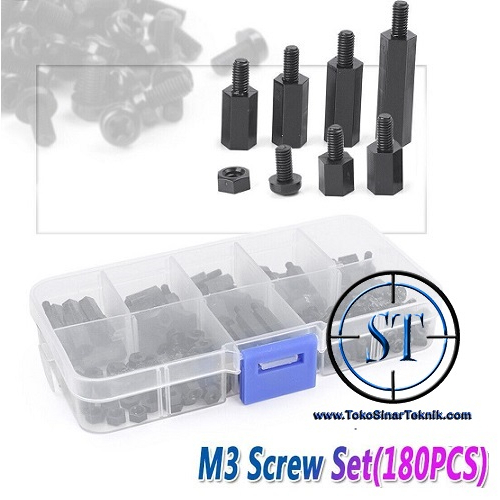 180PCS Set Baut Stand Off Spacer M3 Dudukan PCB Kit Bahan Nylon Plastik Hitam Slicer Screw Nut Plus Box