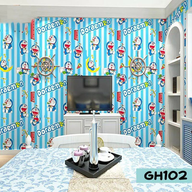 Wallpaper Motif Doraemon Wallpaper Dinding Kamar Anak Wallpaper Dinding Warna Biru Wallpaper Dinding