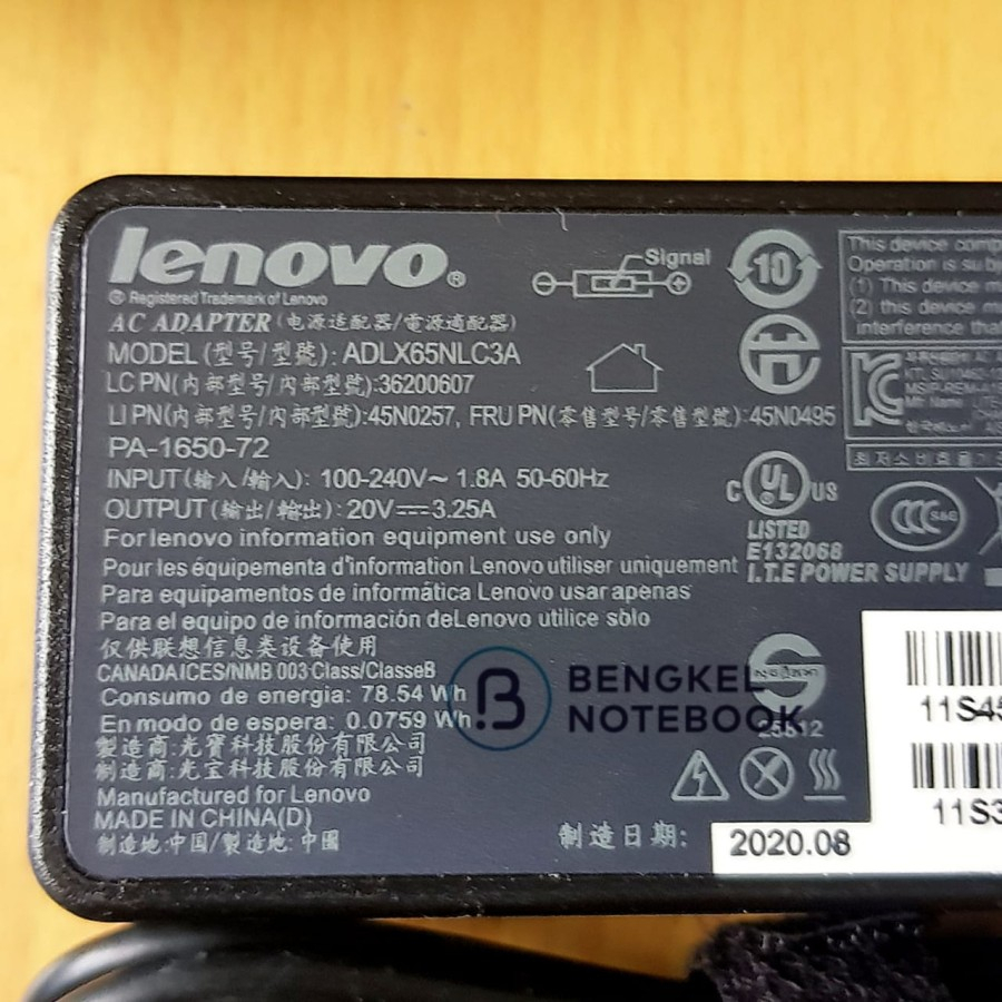 Adaptor Lenovo 20v 3.25a USB PIN Original Kabel Panjang Grade A Kabel Panjang