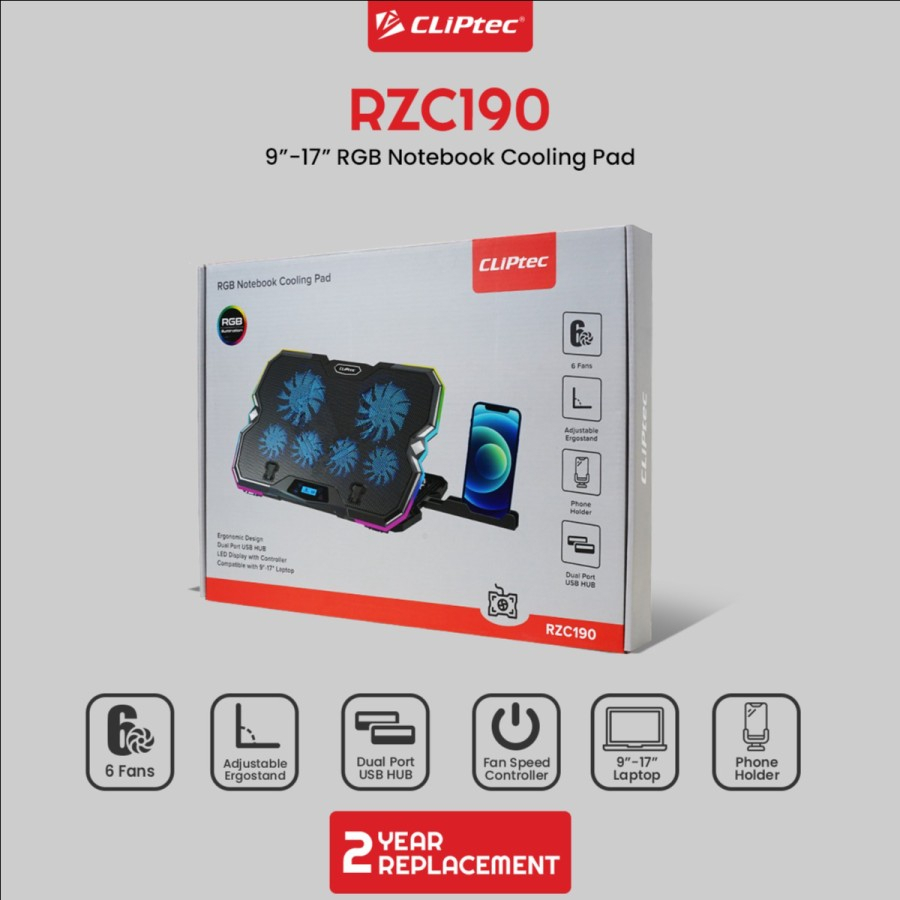 Cooling Pad RZC190 Cooling Pad Notebook RGB 6 Fans Adjustable Ergostand CLIPtec