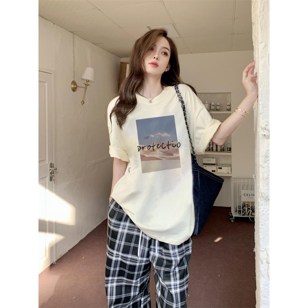 EUNII T-shirt Lengan Pendek Retro Sunset Scene Painting Printing Korean Style/Kaos Atasan Wanita/Baju Wanita/Kaos Wanita