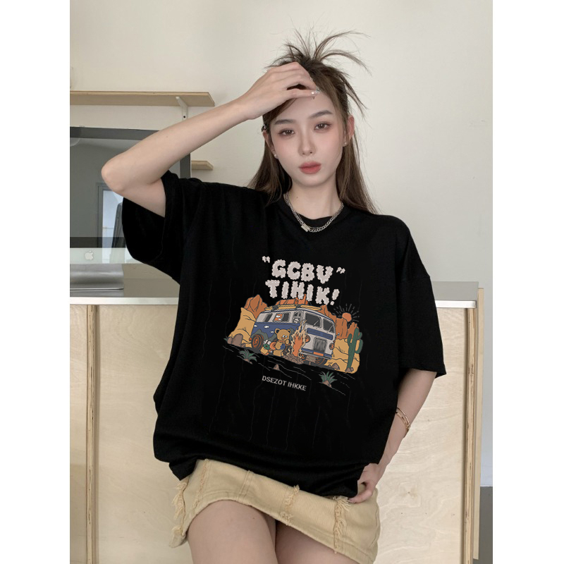 EUNII T-shirt Lengan Pendek Cartoon Desert Car Painting Printing Korean Style/Kaos Atasan Wanita/Baju Wanita/Kaos Wanita