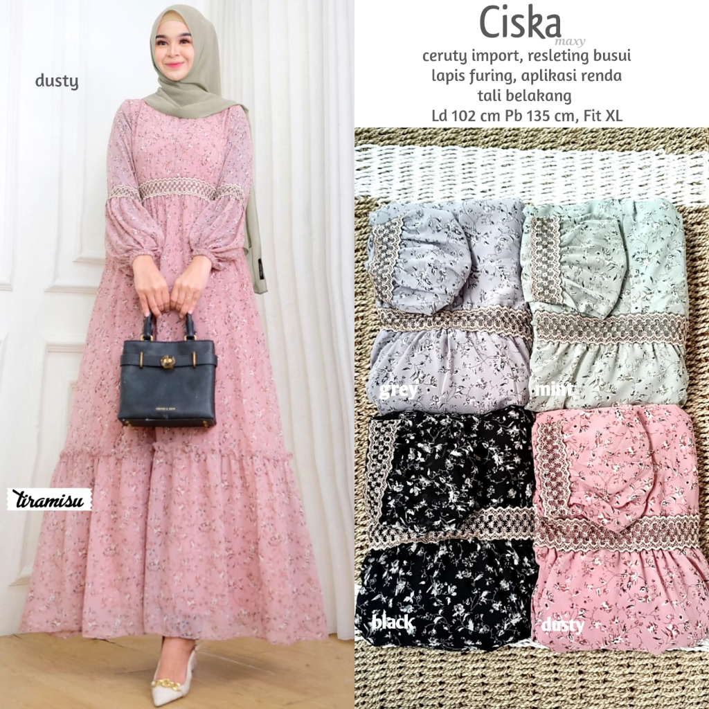 CISKA DRESS / 20.7 / BAHAN CERUTY LAPIS FURING / LD 102 CM / PB 135 CM / ALLSIZE JMBO / FIT TO XL / TIRAMISU