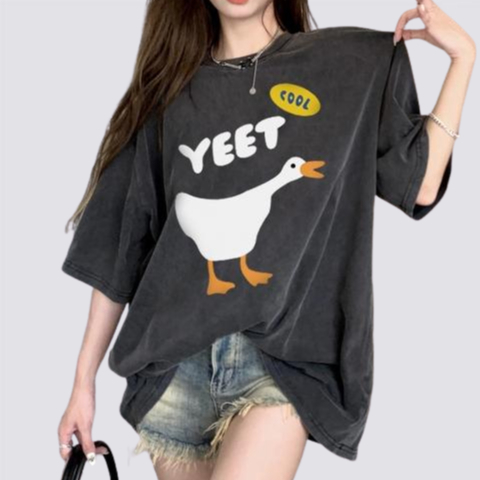 XIAOZHAINV Korean Style Cool Duck Pattern Washed Printing Kaos Wanita A0433