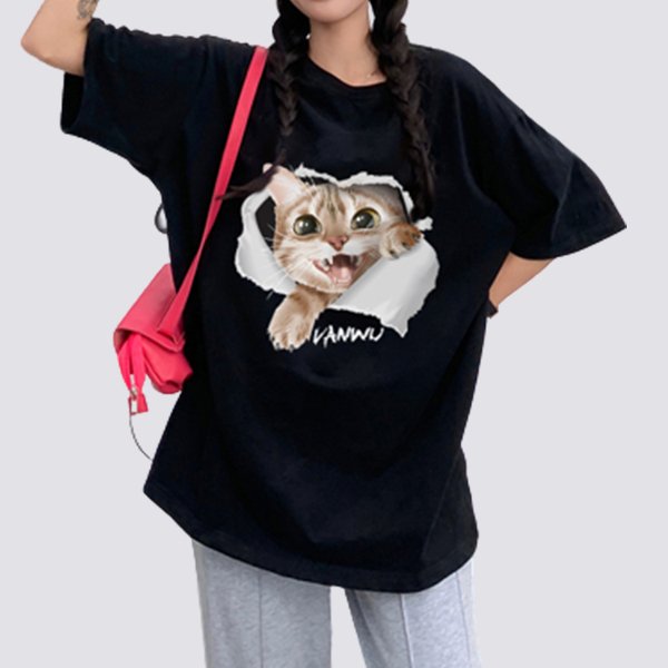 XiaoZhaiNv Kaos Atasan Oversize Wanita Broken Window Kitten Pattern Lengan Pendek A0514