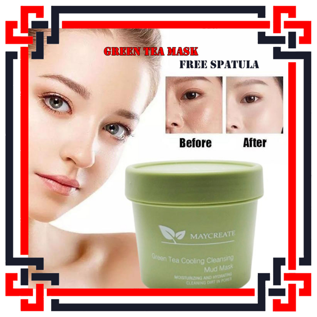 LS BPOM MAYCREATE Green Tea Mask Clay Masker Wajah Komedo FREE SPATULA