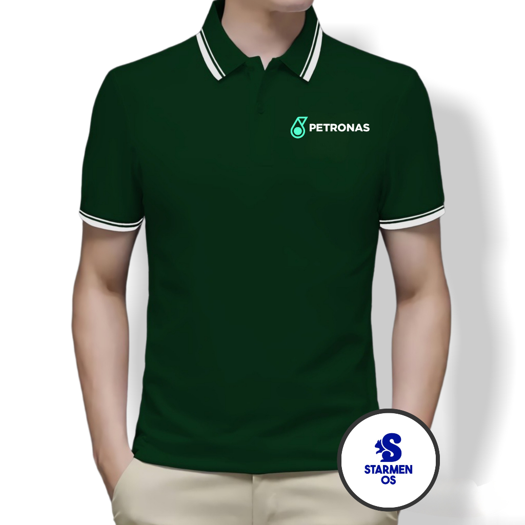 Kaos Polo Shirt Pria Kerah List Putih Logo PETRONAS