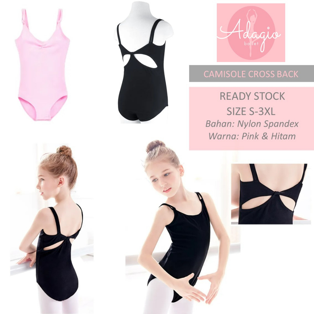 LEOTARD CAMISOLE DOUBLE STRAP CROSS SEXY BACK ATASAN BALET SENAM ANAK BALLET OUTFITS COTTON SPANDEX BLACK PINK