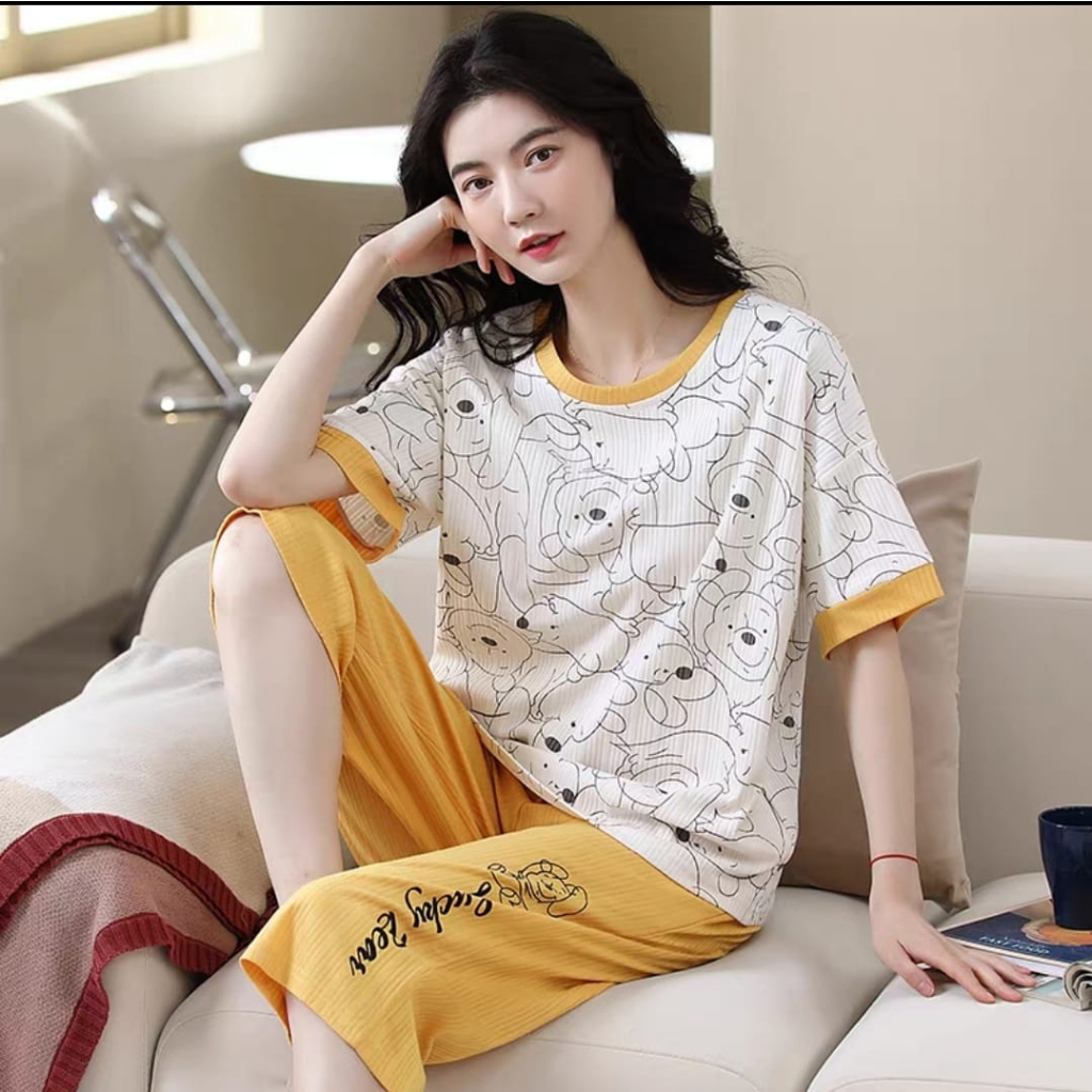 Baju tidur piyama bahan kaos import celana7/8