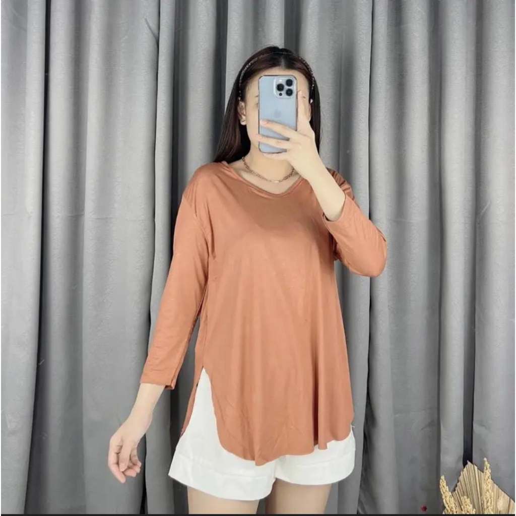 Rip Knit Kaos Murah Oversize Lengan 7/8 Kaos Wanita Atasan Wanita Bahan Rip