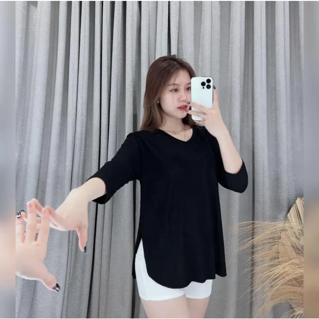 Rip Knit Kaos Murah Oversize Lengan 7/8 Kaos Wanita Atasan Wanita Bahan Rip