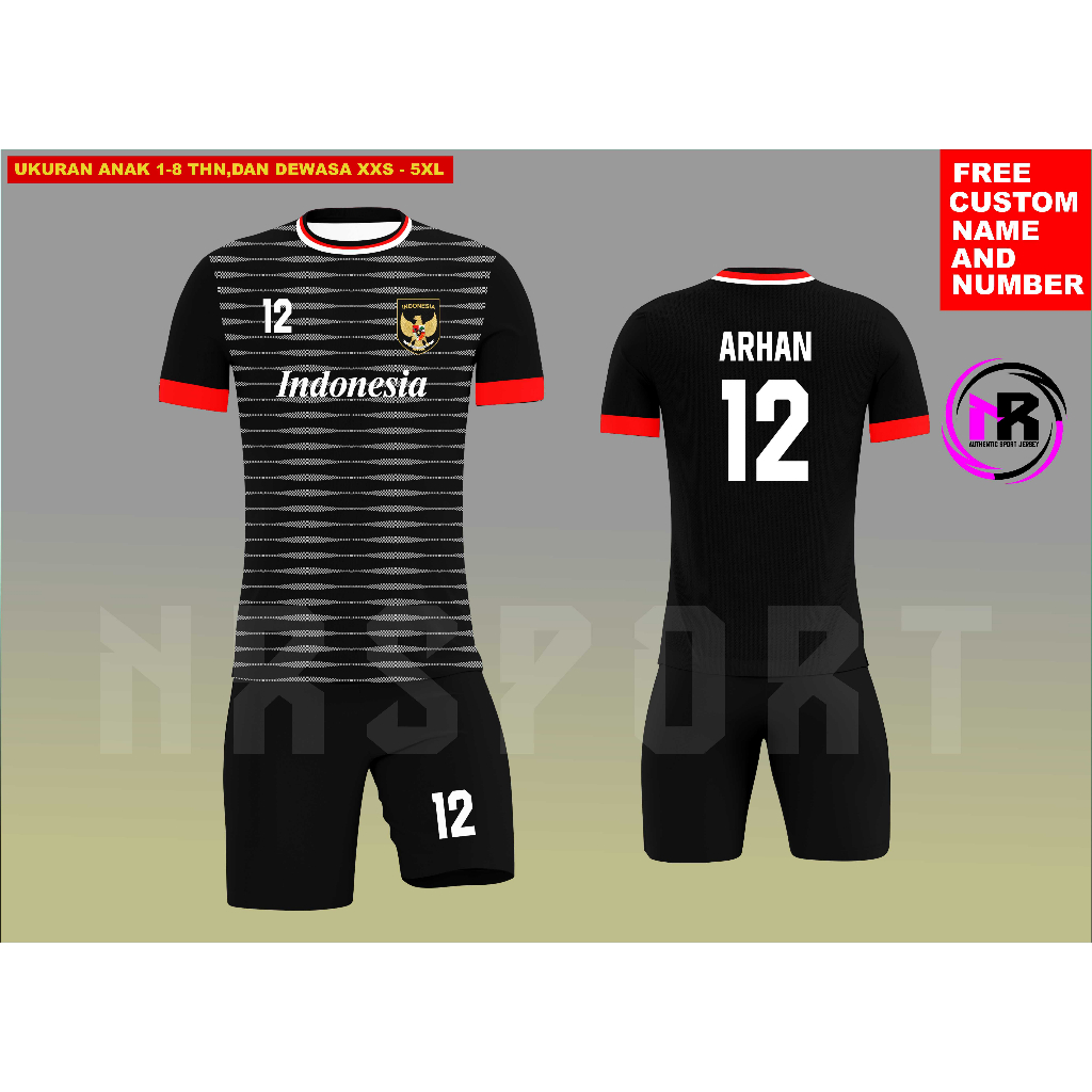 JERSEY PRINTING TIMNAS HITAM TERBARU/SETELAN JERSEY PREMIUM TIMNAS INDONESIA/KAOS BOLA SATU STEL ANA