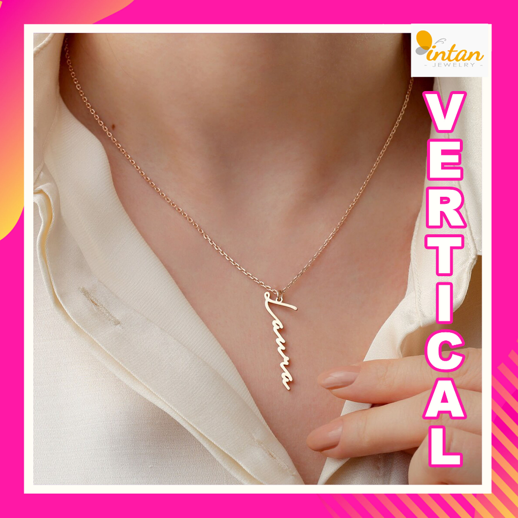 Kalung Nama Vertikal Vertical Necklace Custom Huruf Ukir Nama Anak Titanium Lapis Emas Asli 24k Pers