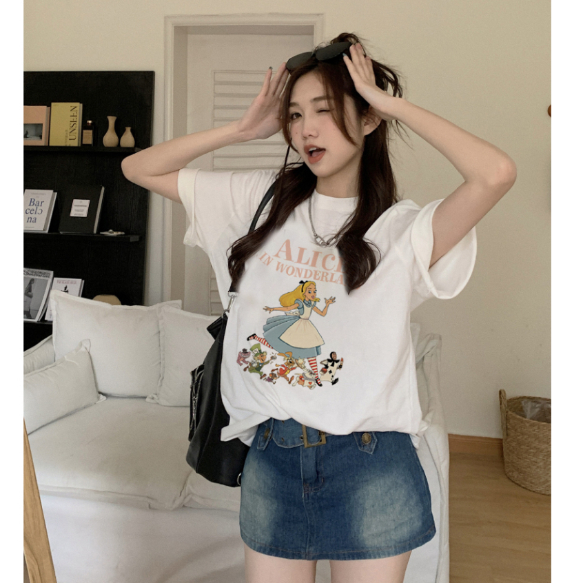 baju kaos wanita lengan pendek/fairy tales alice motif printed import oversize kaos korea wanita