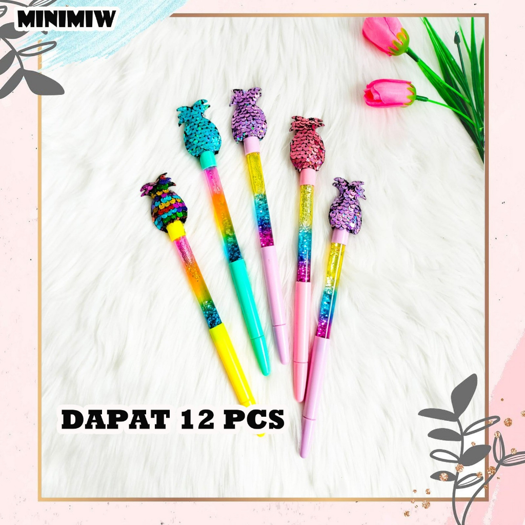 SELUSIN PEN GLITTER NANAS MANIK ISI 12 PCS LUCU GEL PEN KARAKTER KUDA PONI PULPEN PENA BOLPEN