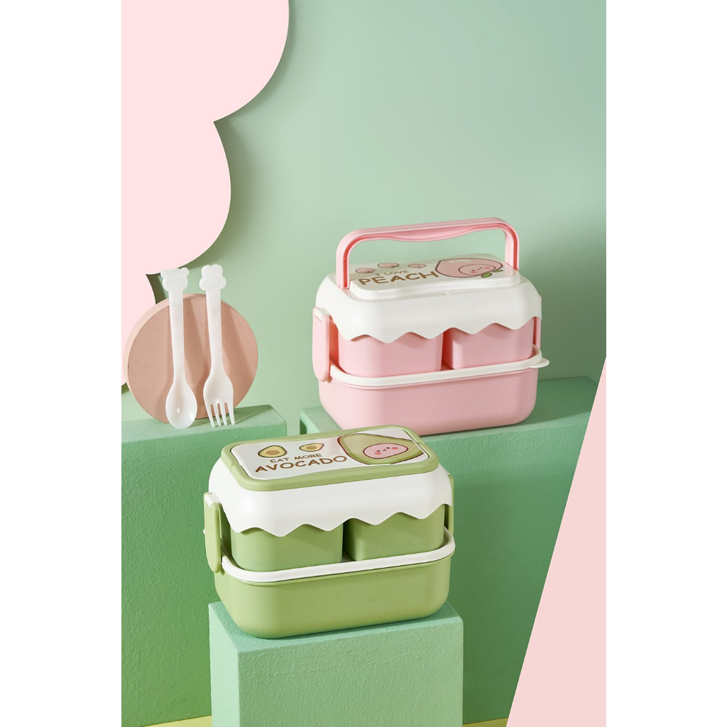 ADUNFANCY--6363 LUNCHBOX 2 SUSUN KOTAK BEKAL MAKAN SIANG ANTI BOCOR ANTI TUMPAH FREE SENDOK GARPU KARAKTER BUAH